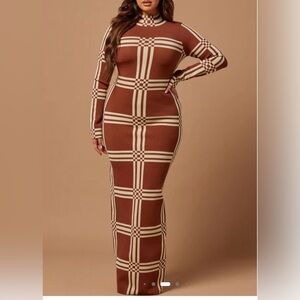 Brown Checkered Long Sleeve Dress